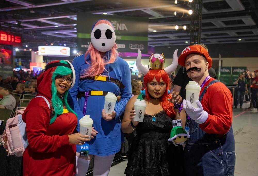 mario, bowsette, and 2 shy guys cosplays at pax west 2019